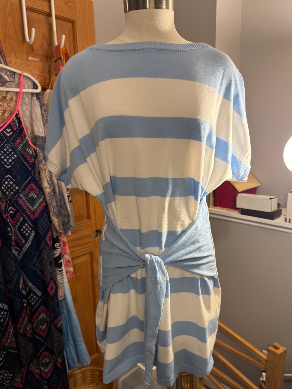 🍀3/$30 Blue & White Striped Tie-Waist Mini Dress